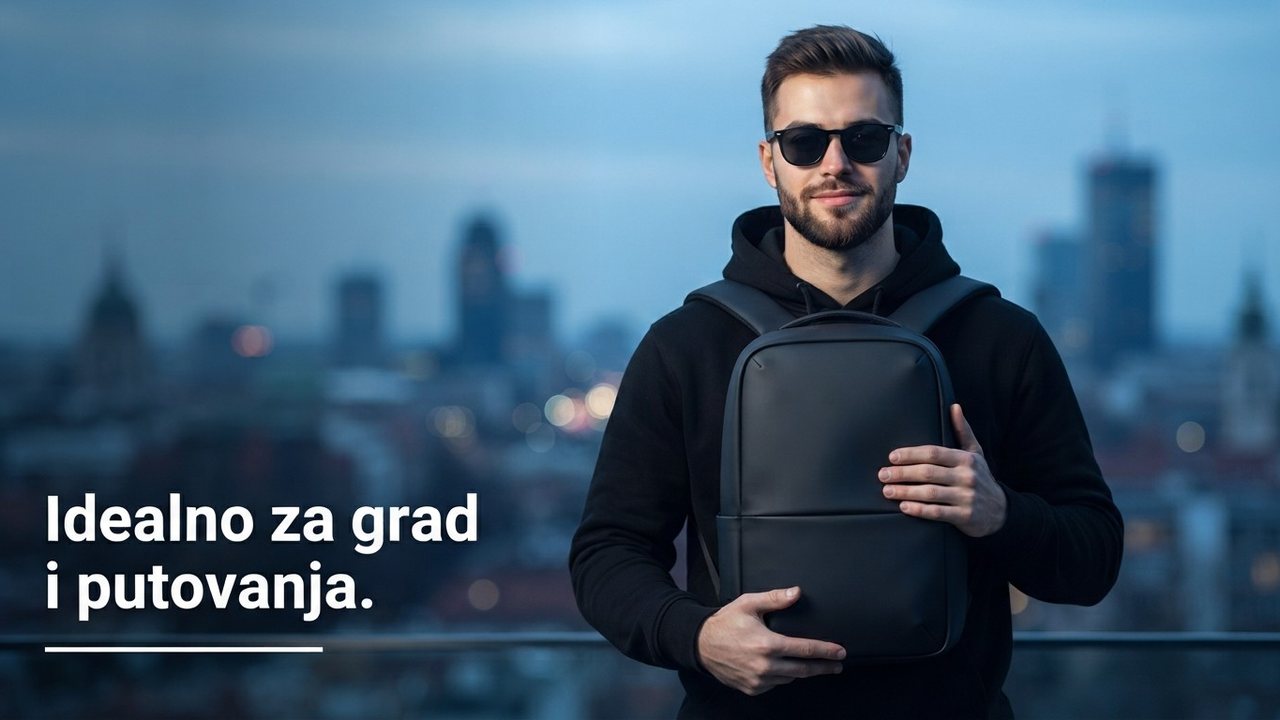 Muškarac sa crnim rancem ispred grada: Idealno za grad i putovanja